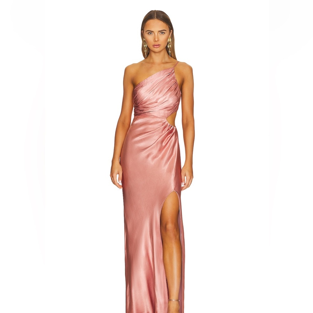 Shona Joy One-Shoulder Rose Gold Satin Gown